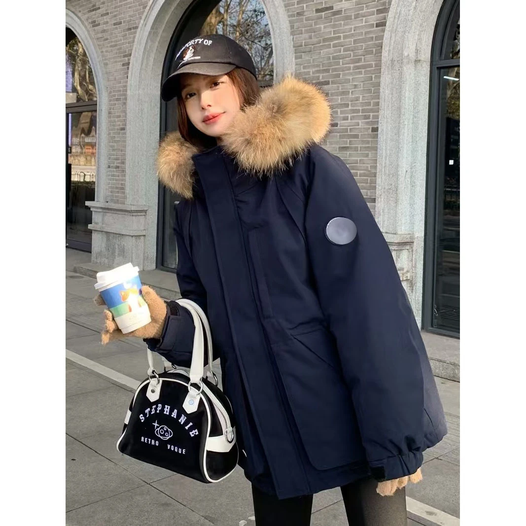 2024学院风藏蓝色工装羽绒服派克服女短款小个子毛领冬季外套男女