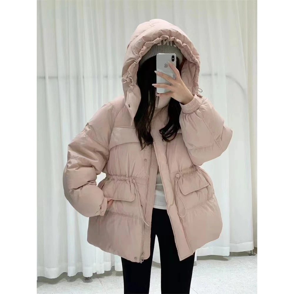 设计感连帽收腰羽绒服女中长款2024新款冬装韩版加厚白鸭绒外套6