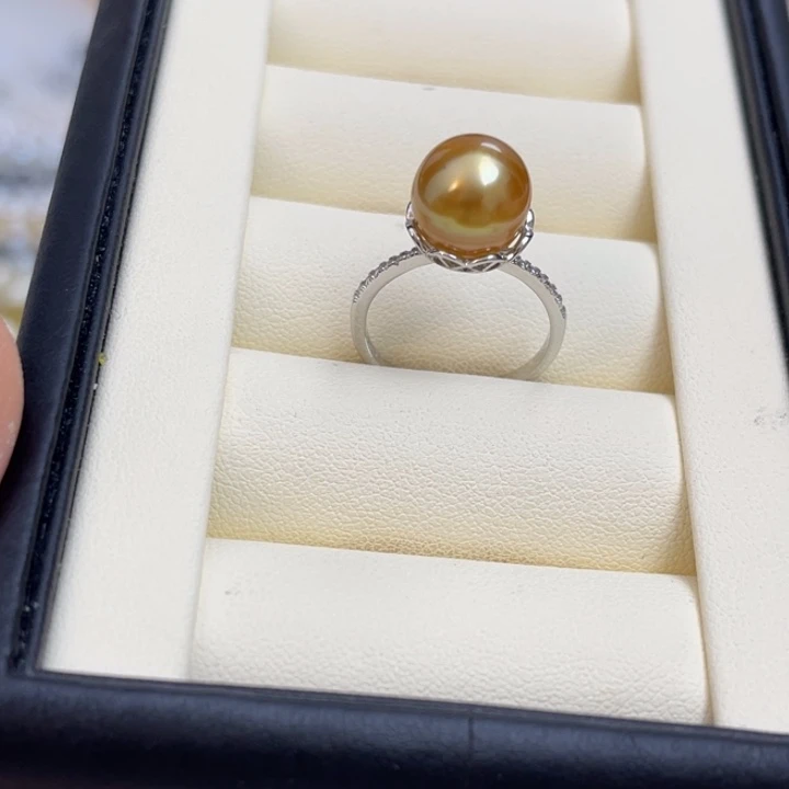 海水珍珠戒圈银S925镶嵌浓茶金戒指10+mm