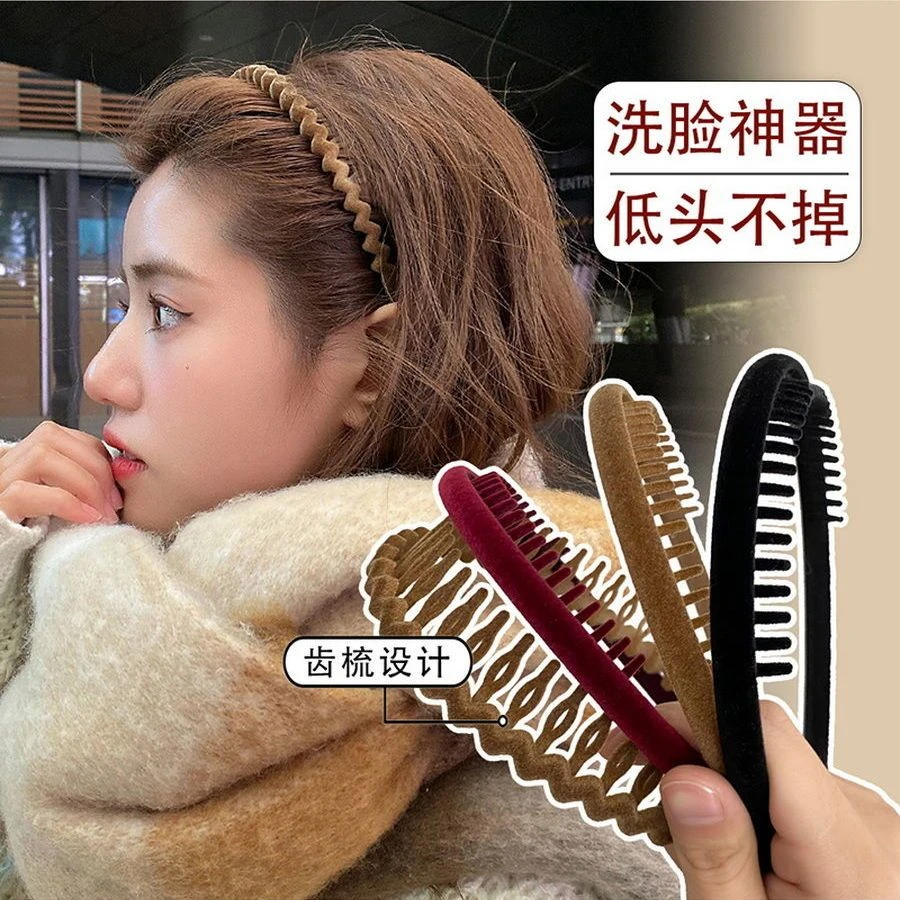 2022带齿发箍秋冬植绒网红简约碎发刘海发卡夹子红色头饰波浪头箍