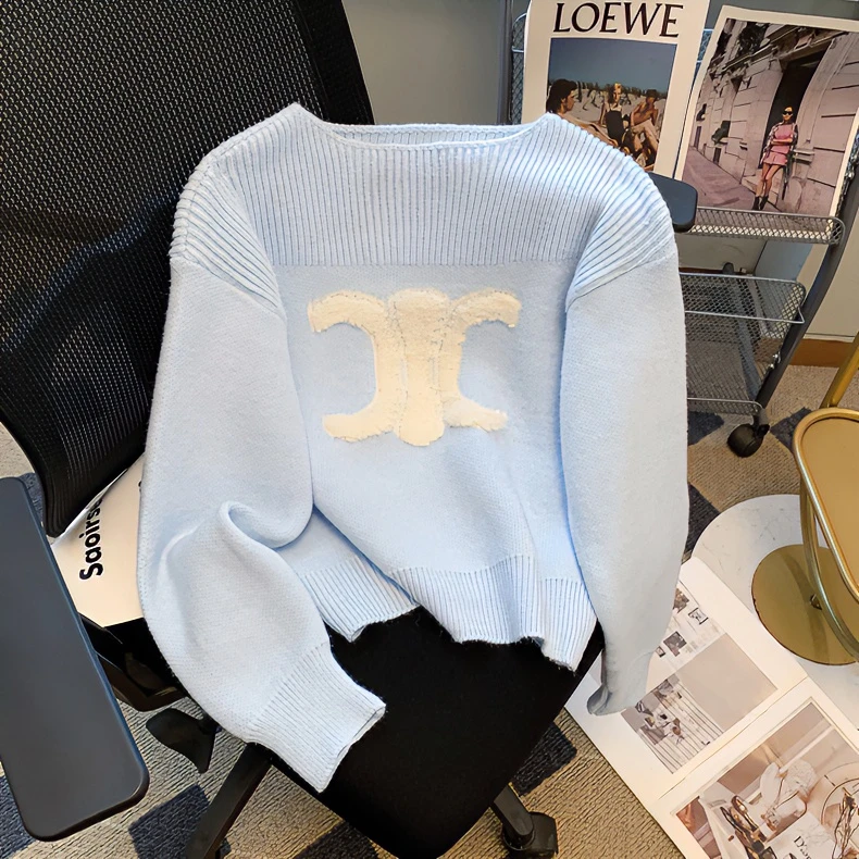 凯旋门港岛日落设计新款慵懒宽松圆领套头外穿针织毛衣秋冬上衣女