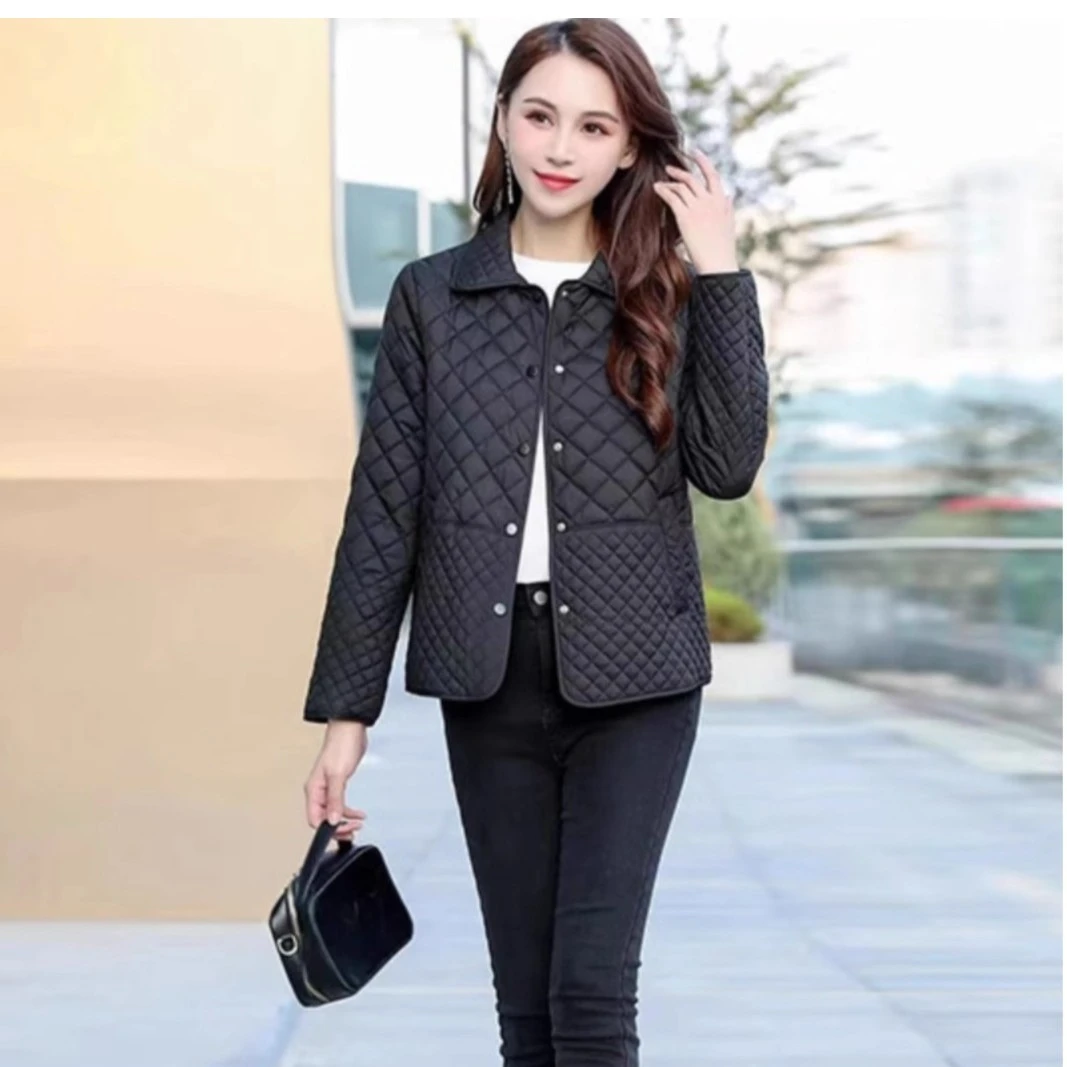 小香风秋冬爆款菱形格轻便棉衣妈妈装宽松轻薄加绒棉服网红外套女