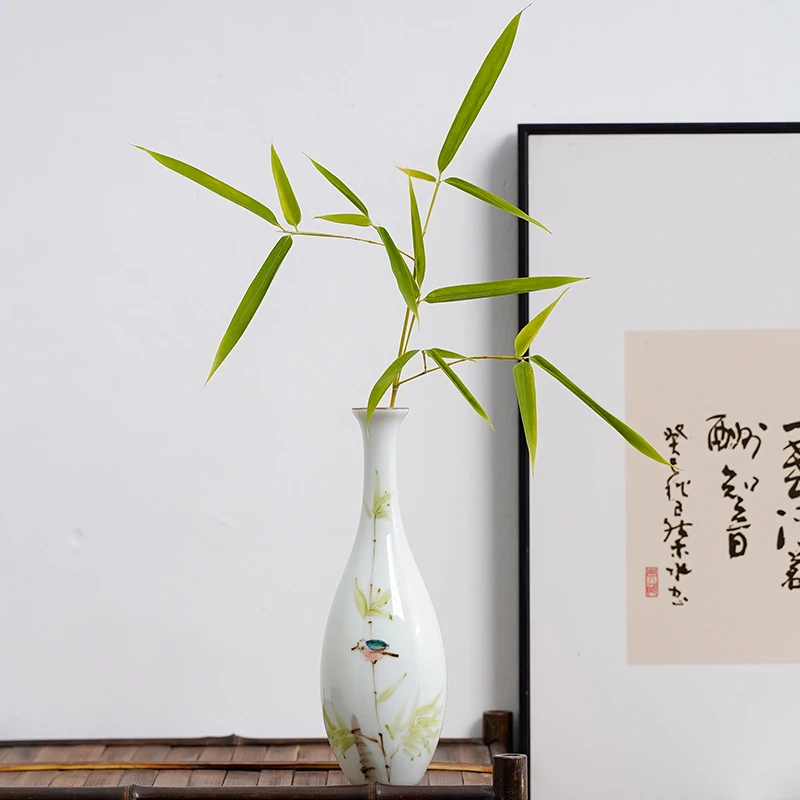 陶瓷手绘竹叶鸟花瓶花插茶桌茶道禅意家居观音瓶摆件水培花器装饰