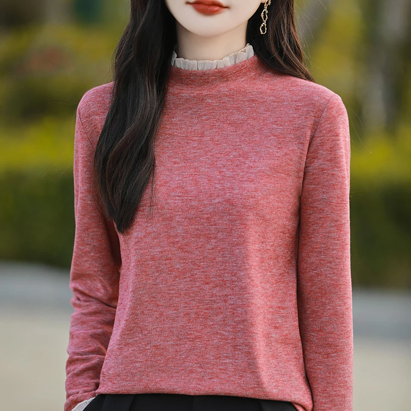 品牌秋冬新款双面德绒加厚木耳边气质打底衫女百搭时尚洋气上衣