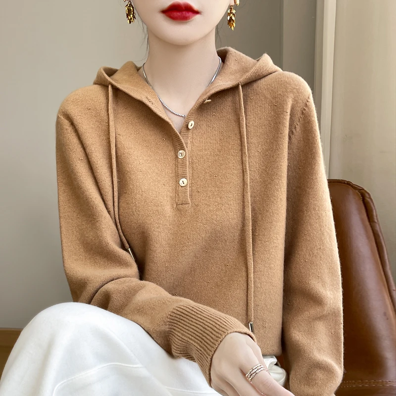 品牌100%纯羊毛连帽长袖针织毛衣2024秋冬新款百搭亮丝宽松上衣