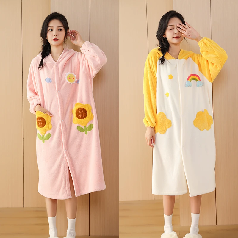 好贝尼秋冬加厚浴袍洗澡吸水可穿式浴巾成人女家用保暖卡通家居服