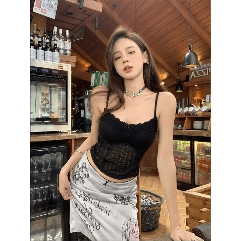 2024夏季新款ins辣妹花边蕾丝吊带背心女配高腰涂鸦印花半身裙