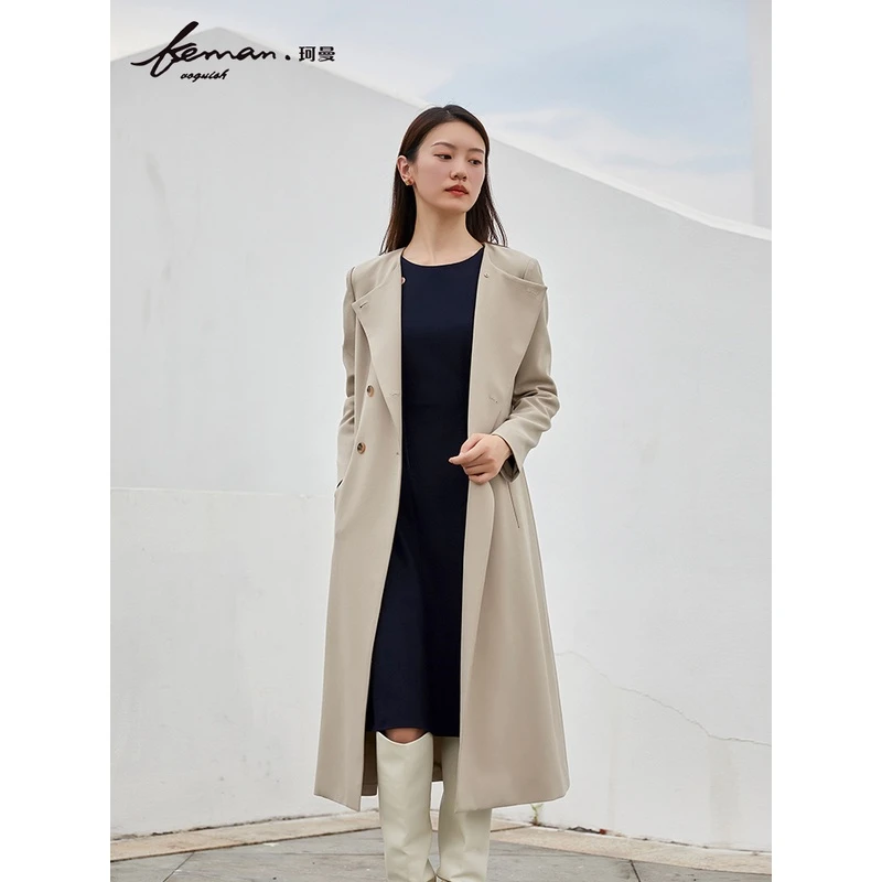 珂曼女装秋装新款经典基础大衣百搭通勤大气收腰长款风衣外套女