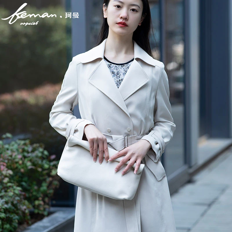 珂曼女装春秋新款收腰纯色抽绳中长款上衣外套风衣女通勤正品A508