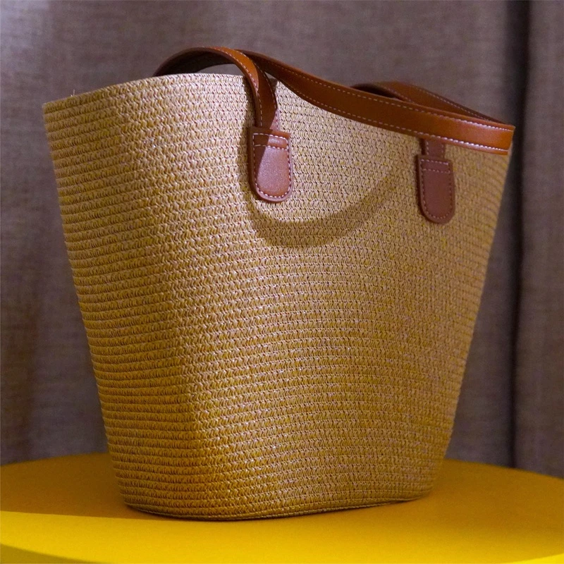 网红小众轻奢百搭简约静版卡其（大号）休闲女士沙滩包草编包通勤包