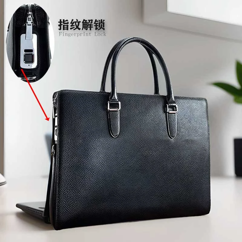 指纹锁男士商务公文包真皮大容量办公手提包14寸电脑包牛皮单肩包