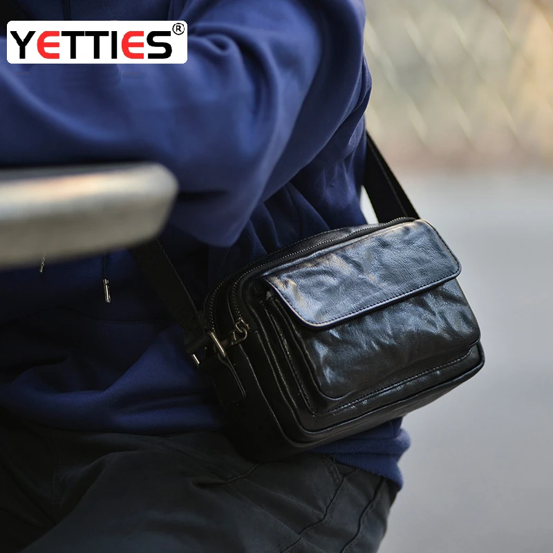 潮牌新款头层油蜡牛皮单肩包横款小斜挎包休闲真皮单肩包轻奢男包