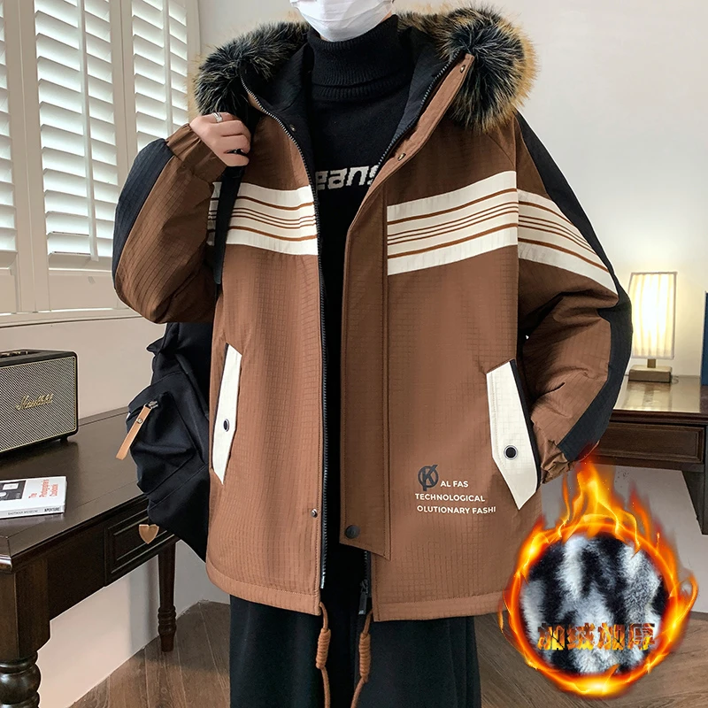 【夹克套装】男士冬季加绒保暖外套休闲韩版潮流大毛领夹克连帽套装