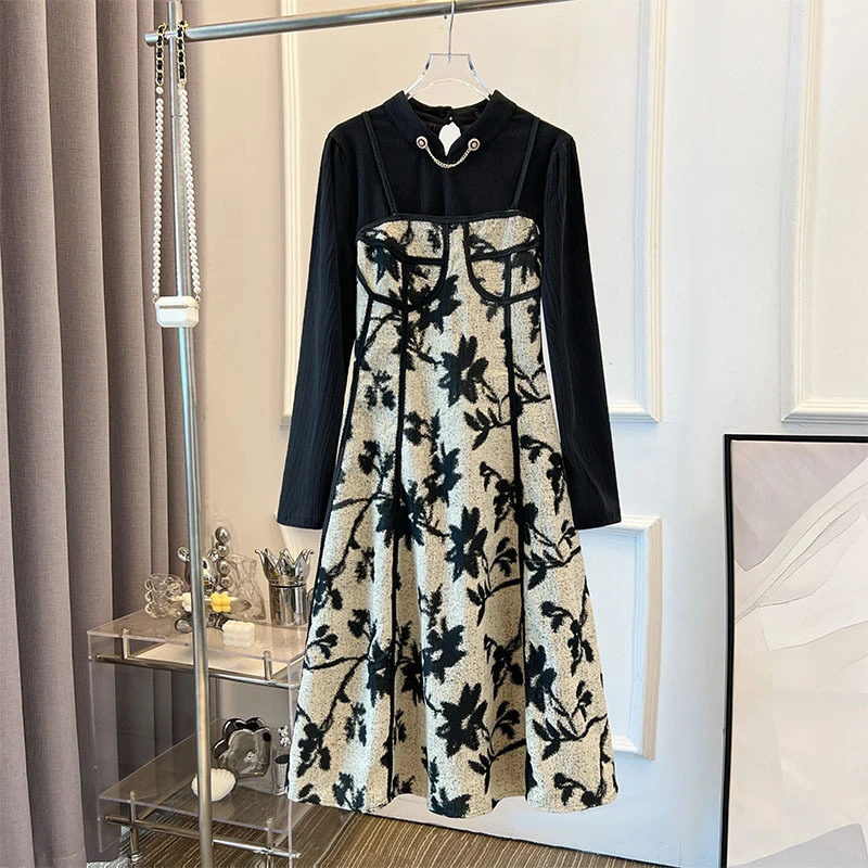 【63880】120-300斤大码女装雪纺衫吊带连衣裙套装2024春秋新款胖mm