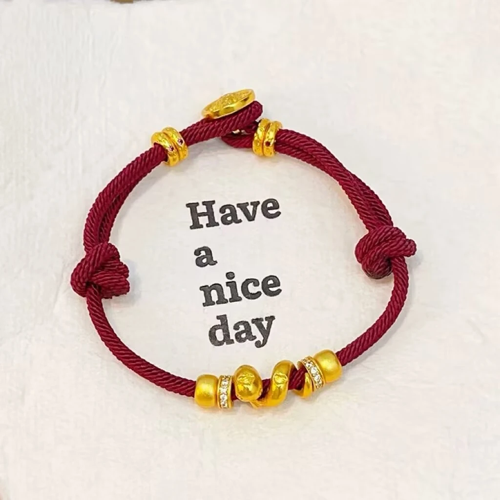 铜合金手链 点钻跑环卷卷蛇手绳黄财神生肖蛇本命年红绳手链