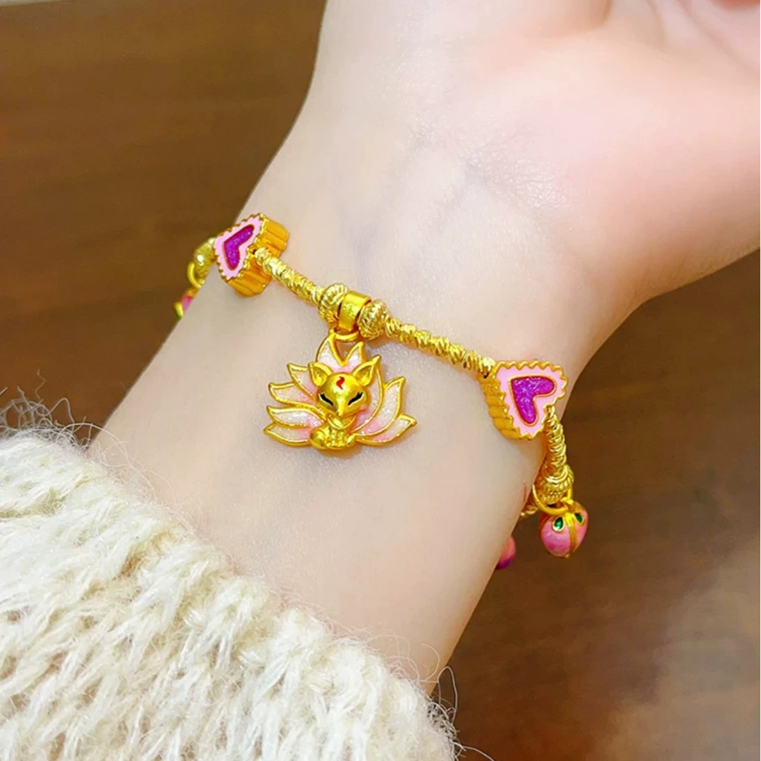 合金手链 烧蓝珐琅彩九尾狐玫瑰花手链女粉色系简约轻奢时尚礼物