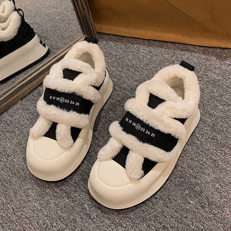 毛绒绒小白鞋女2023冬季新款厚底保暖魔术贴女鞋时尚百搭休闲单鞋