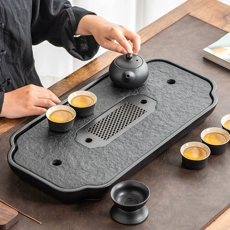乌金石茶盘家用现代简约陶瓷储排水双用轻奢茶台干泡托盘小型茶海