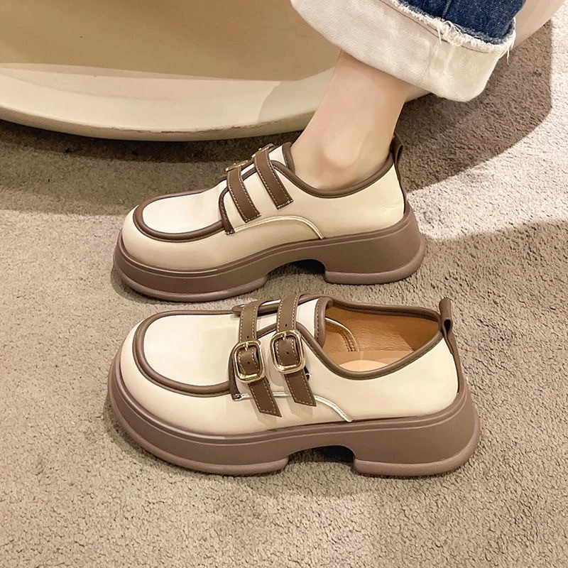 乐福鞋女2023春季新款圆头粗跟厚底小皮鞋百搭小众单鞋中跟