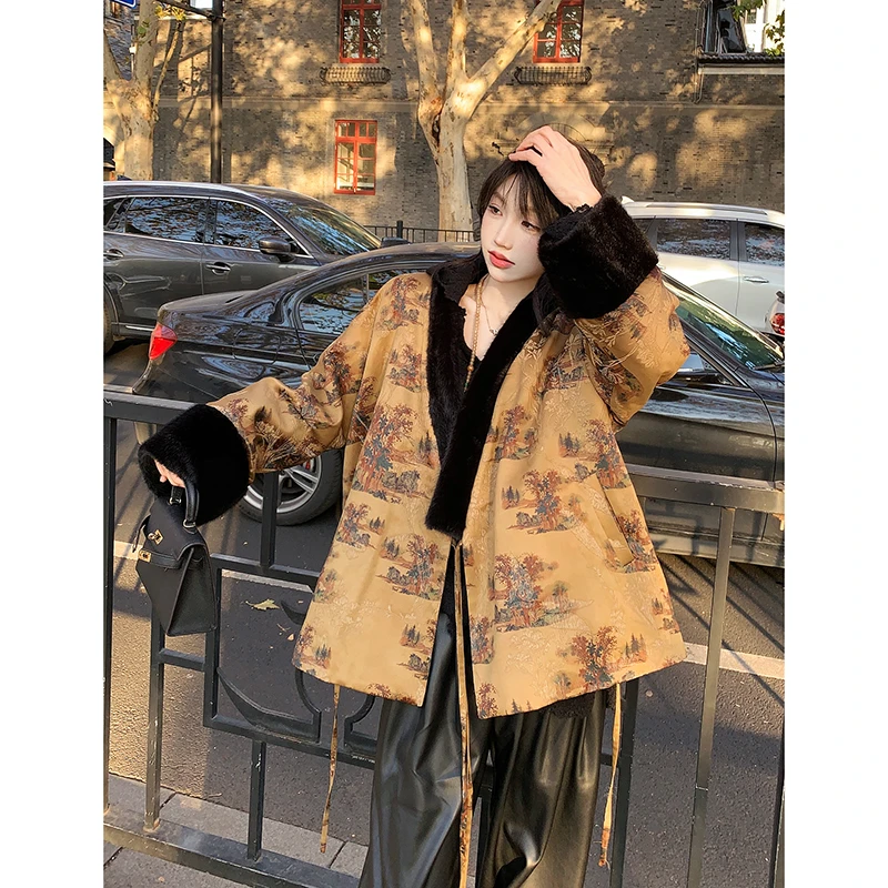 果果家 人丝/新中式女时尚新款设计感提花2024冬气质外套