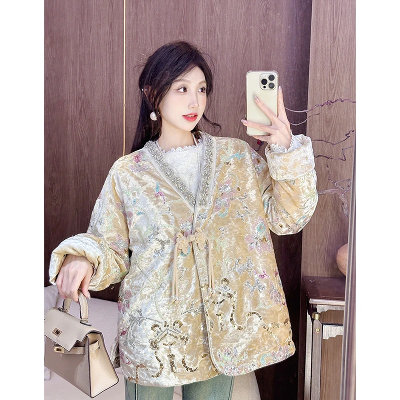 果果家【金韵花开】丝绒/新中式2024秋冬女亮片提花高级感羽绒服