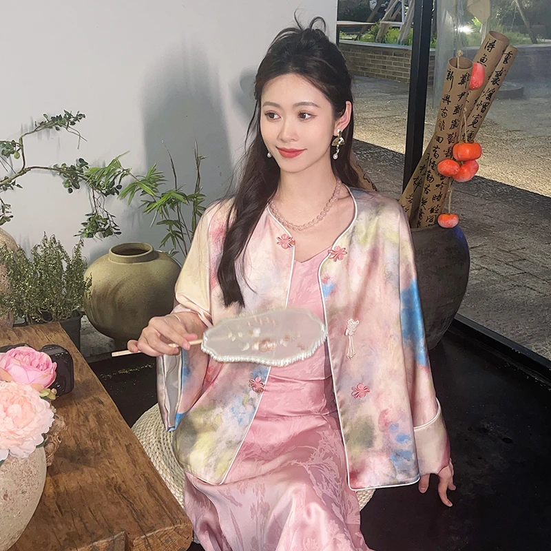 果果家春晓气质外套2024设计感盘扣印花新中式套装