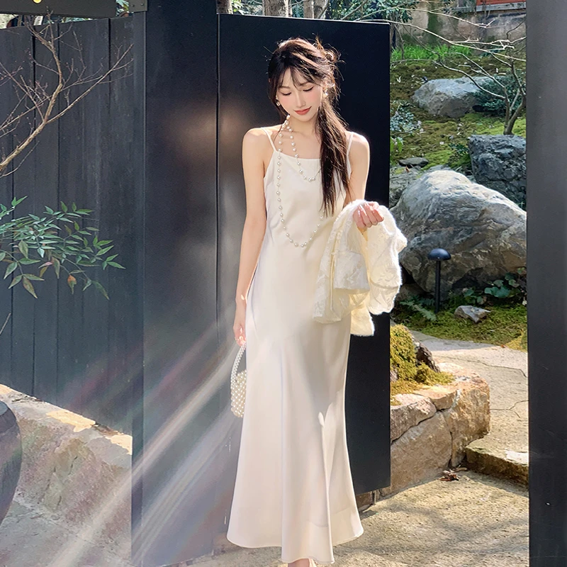 果果家浮生 新中式国风简约醋酸小众 夏季显瘦气质轻奢米白吊带裙
