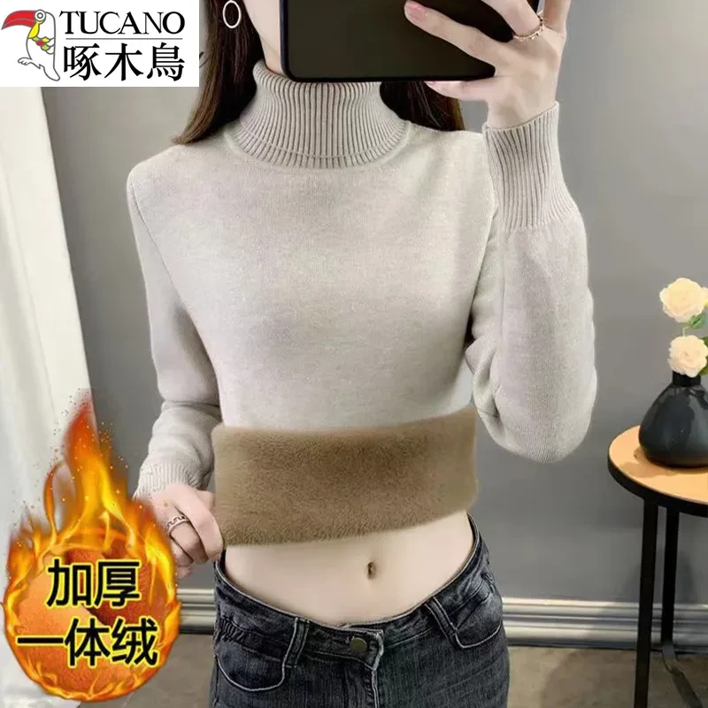 啄木鸟一体绒毛衣女高领加绒加厚修身针织打底衫保暖两翻领上衣