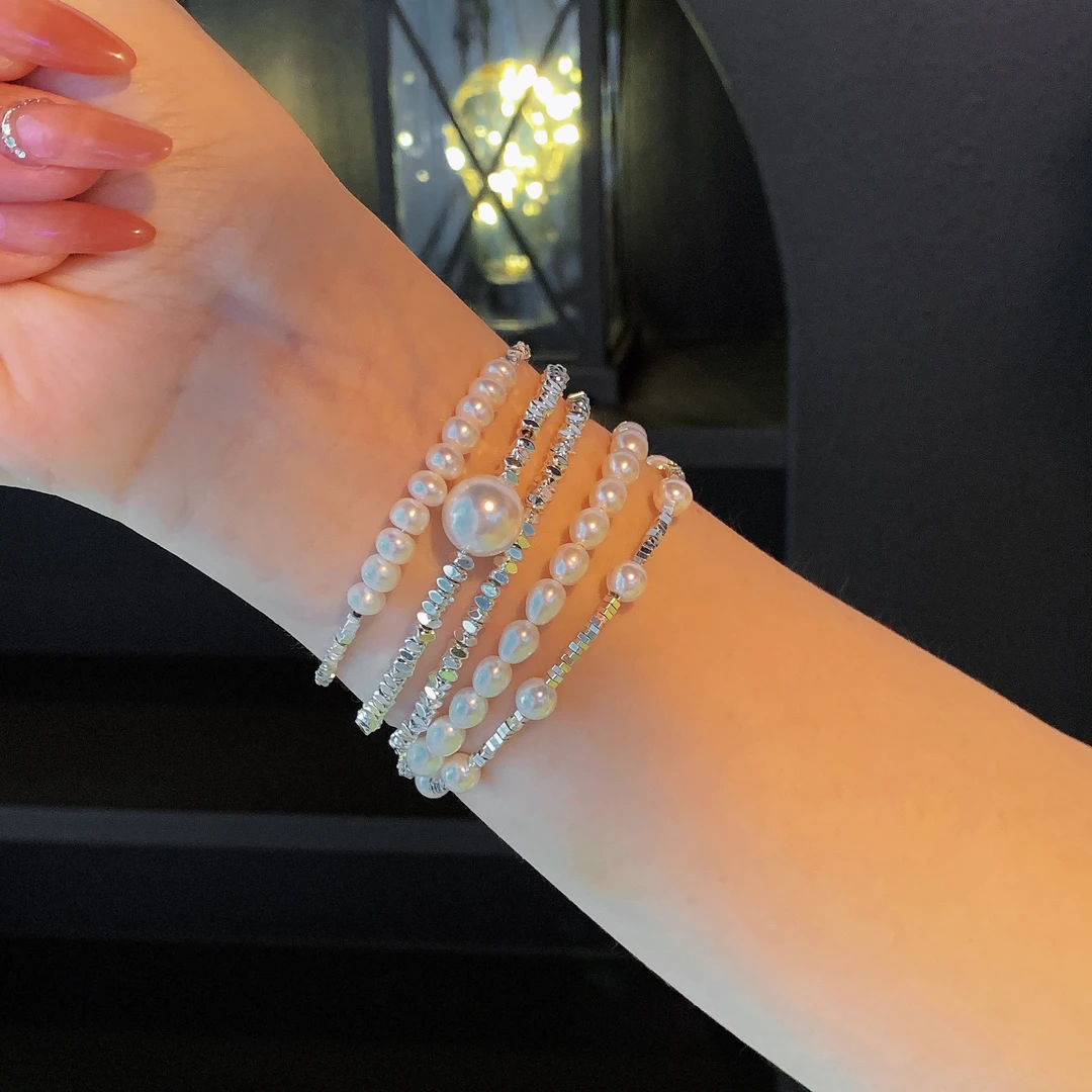 铜合金仿珍珠手链 小叶叶同款碎银子大码饰品加长加大弹力活圈口