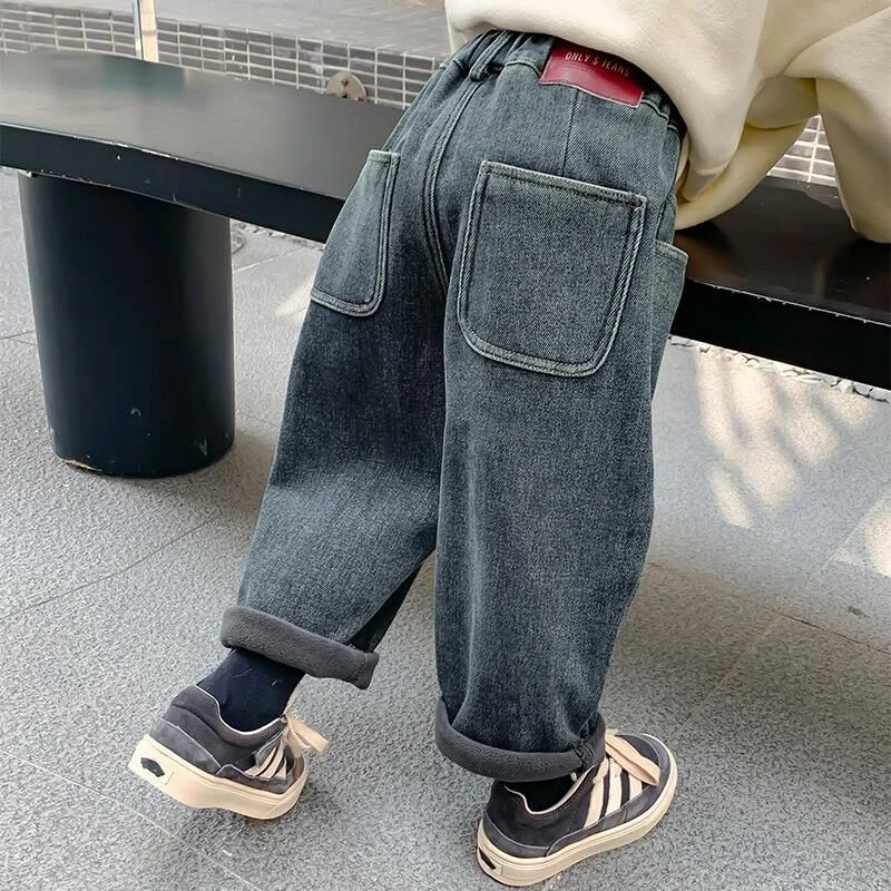 男童冬装牛仔裤2023新款儿童加绒加厚一体绒秋冬款休闲裤男孩冬季