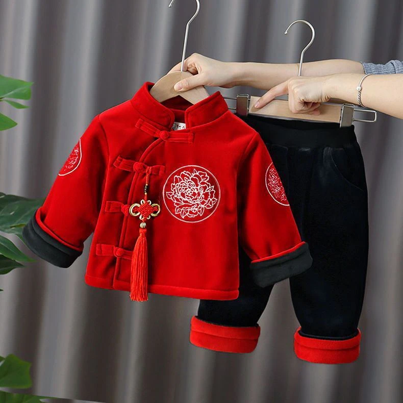 拜年服宝宝男儿童唐装冬款加绒加厚两件套新年装女童周岁