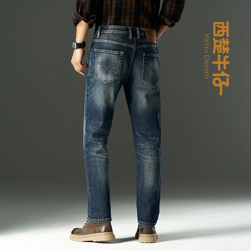 秋冬新款赤耳丹宁复古怀旧港风重工洗水养牛款修身直筒牛仔长裤男