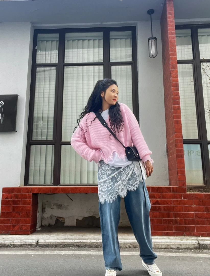 文艺棉线不规则春秋新款V领短款流苏边宽松舒慵懒松弛感秋冬毛衣