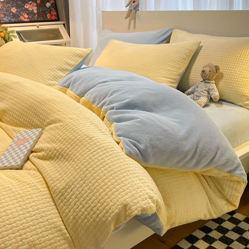 冬季雕花牛奶绒四件套加厚保暖华夫格豆豆绒双面绒被套床单三件套