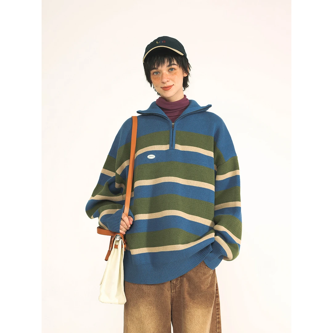 Unvesno (UN)都市午后装-复古色系条纹翻领撞色针织毛衣SWS-1596