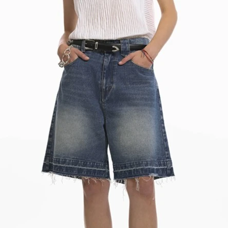 Unvesno (UN) 做旧洗水猫须毛边 440G牛仔短裤休闲时尚水洗潮流