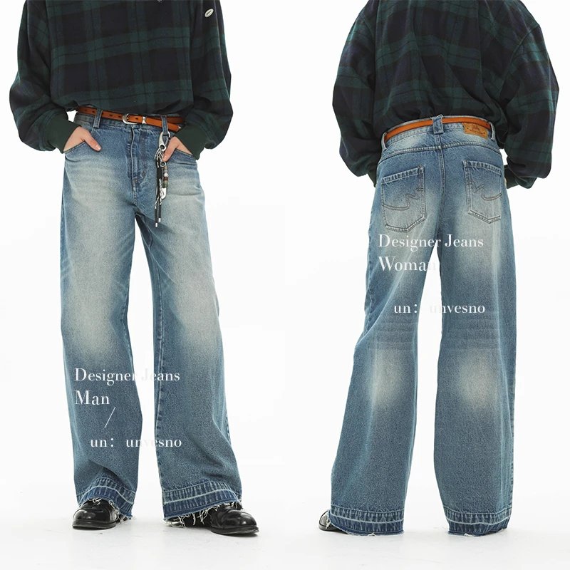 Unvesno(UN)重工洗水蓝手工猫须吊染裤脚渐层设计宽松直筒牛仔裤