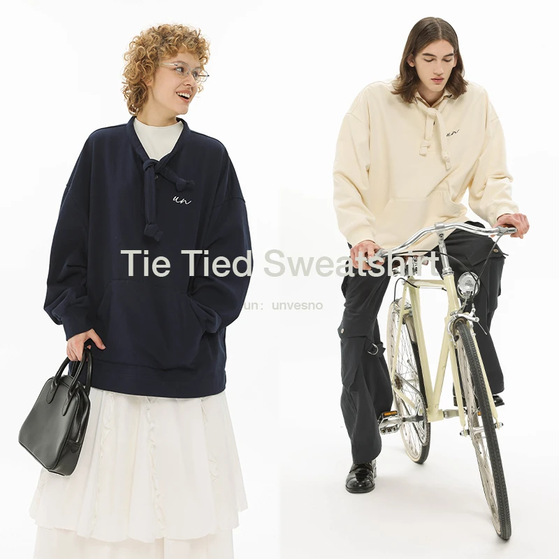 Unvesno(UN)充棉绑带凹造型设计感绣花加绒宽松圆领加绒卫衣长袖