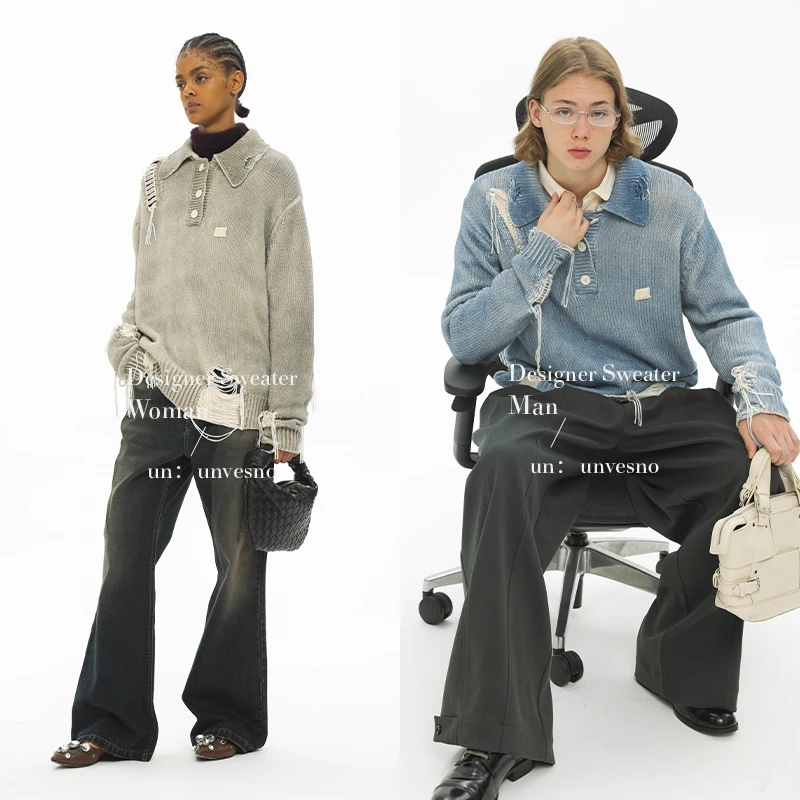 【复古褪色】Unvesno(UN)定制洗染流苏破洞POLO领针织毛衣秋冬保暖