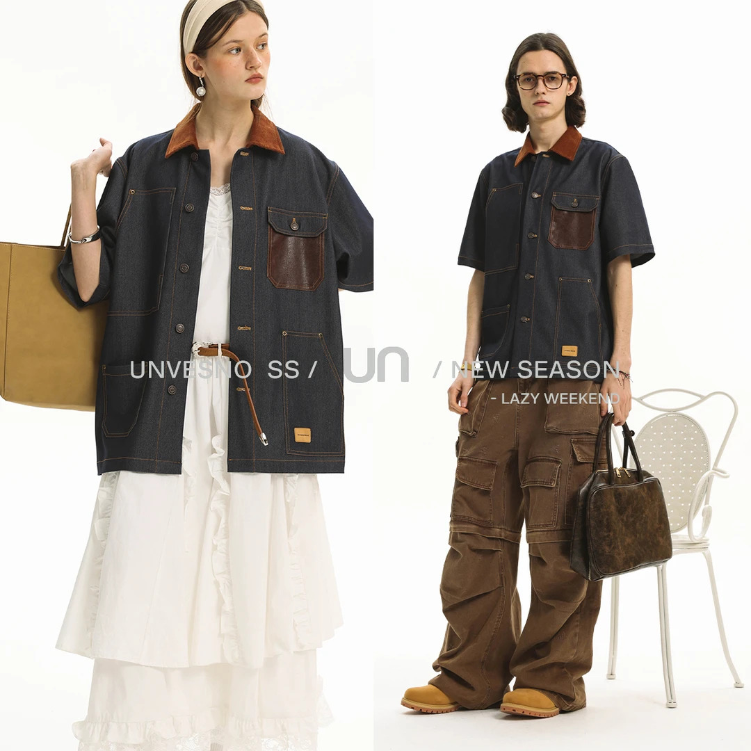 Unvesno(UN)NewVintage灯芯绒与仿旧皮革口袋融合式牛仔质感衬衫