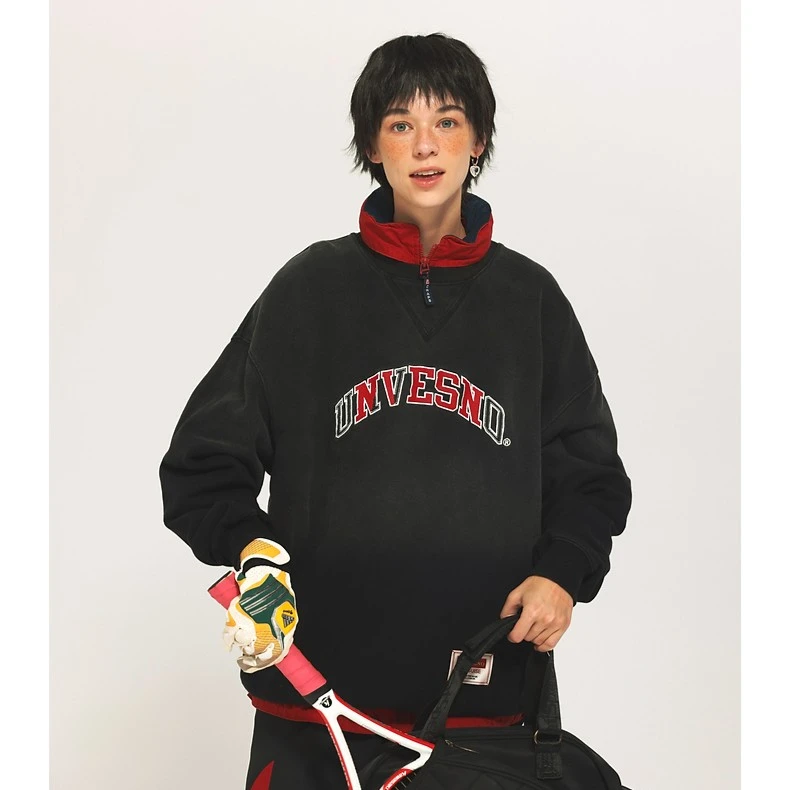 Unvesno (UN)日落余晖渐变洗旧刺绣圆领复古套头宽松卫衣高街秋冬