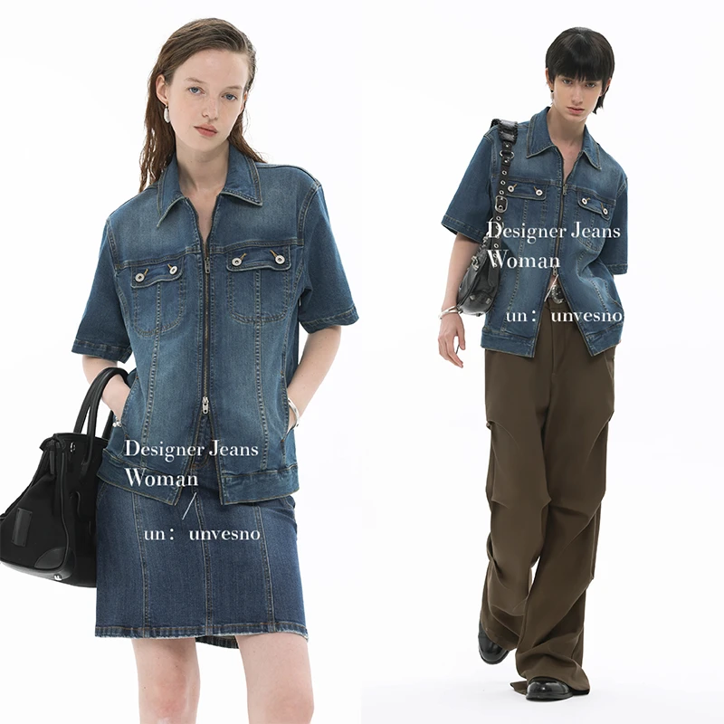 Unvesno (UN) 双开拉头复古洗旧蓝透气微弹修身牛仔短袖开衫夏季