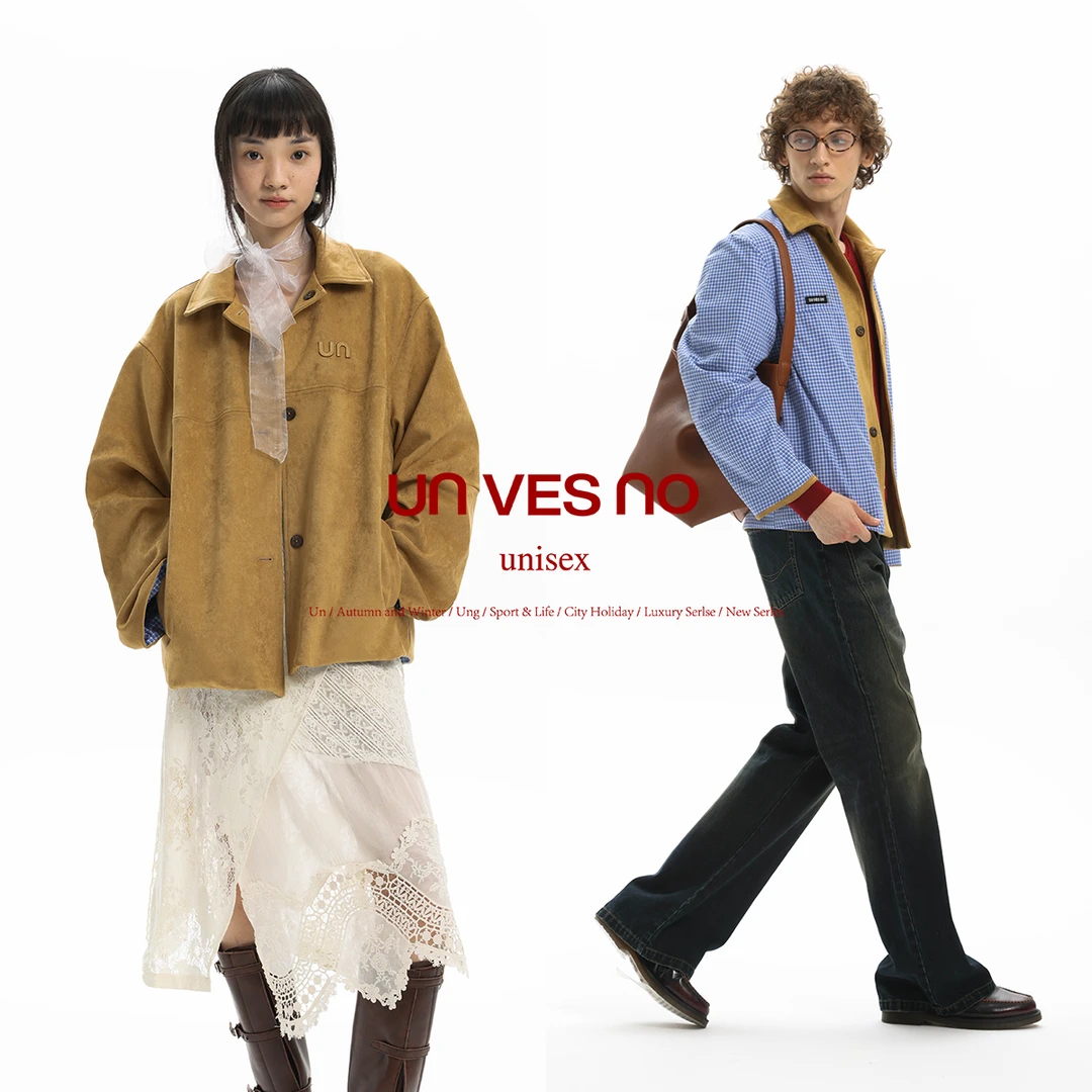 Unvesno(UN) 重磅老钱风格子双面穿仿麂皮绒立体绣翻领夹克外套