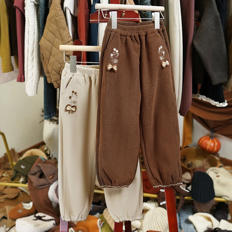【麦芽糖】韩系复古秋冬女童老爹裤花朵加绒休闲裤长裤-LD006