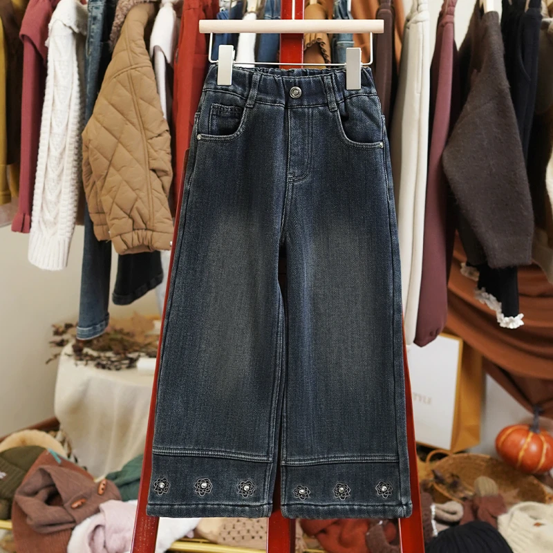 【繁花牛仔】韩系复古秋冬女童设计宽松直筒儿童加绒牛仔裤-LD071