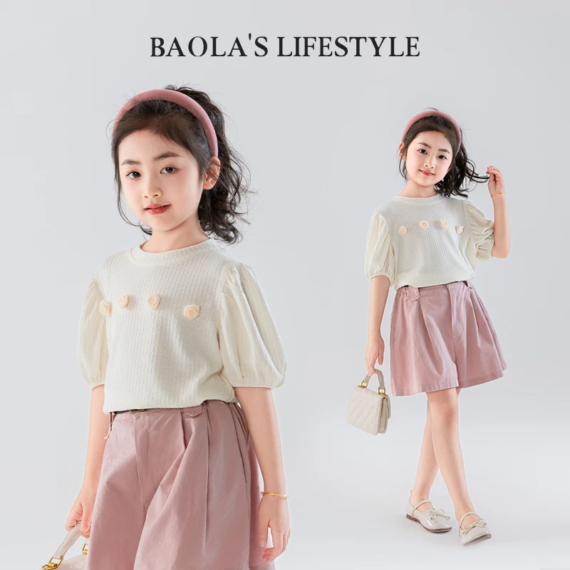 小花苞【高定】韩系清新简约女童夏季甜美小花短袖T恤-LX172