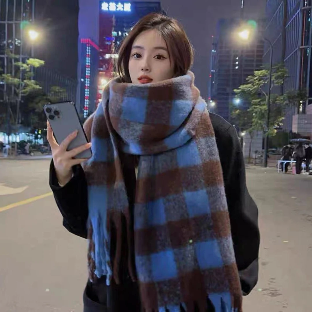 虞书欣同款韩版百搭格子围巾女冬季高级感加厚保暖披肩毛绒围脖女