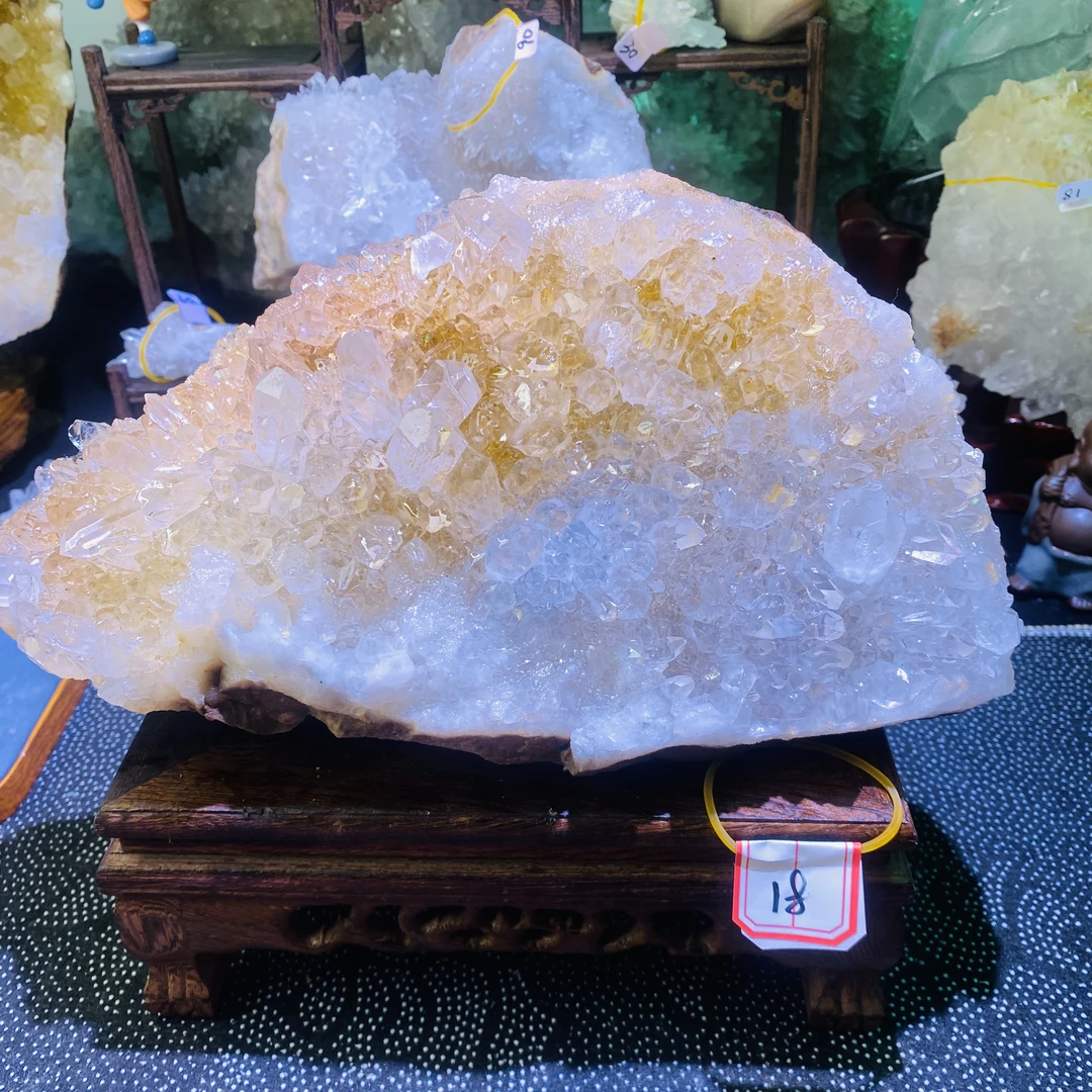 水晶簇原石矿标白皮透体创意书房玄关透明黄色新房装修摆件