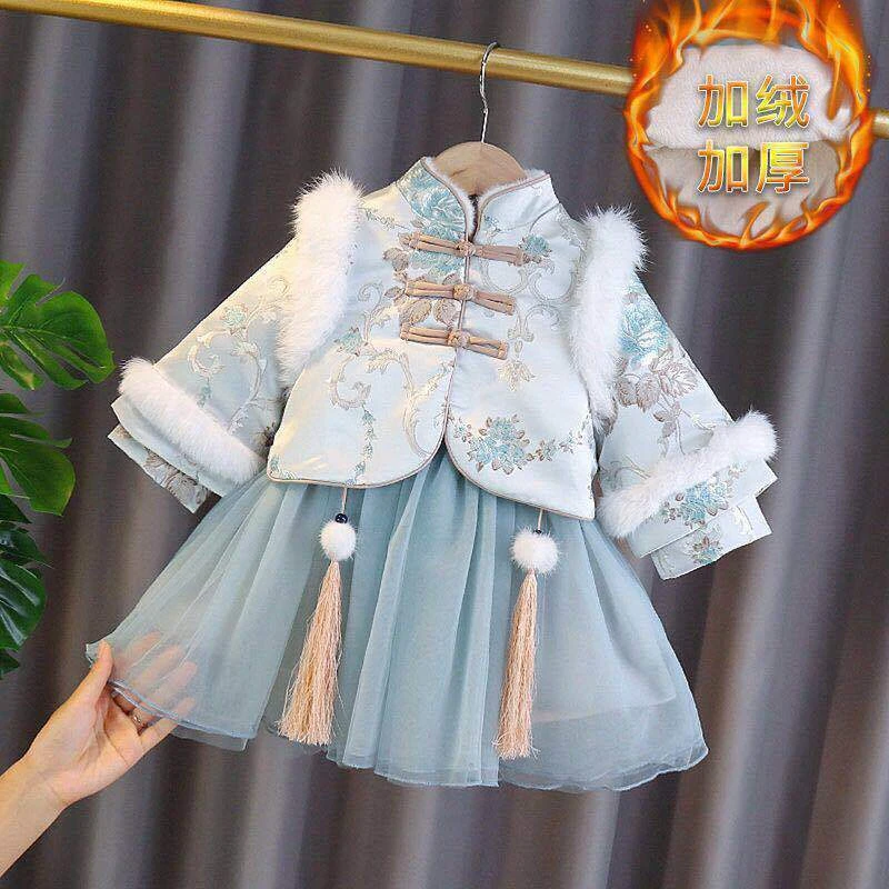 女童唐装套装新款冬汉服加厚加绒公主呢子连衣裙中国风宝宝拜年服