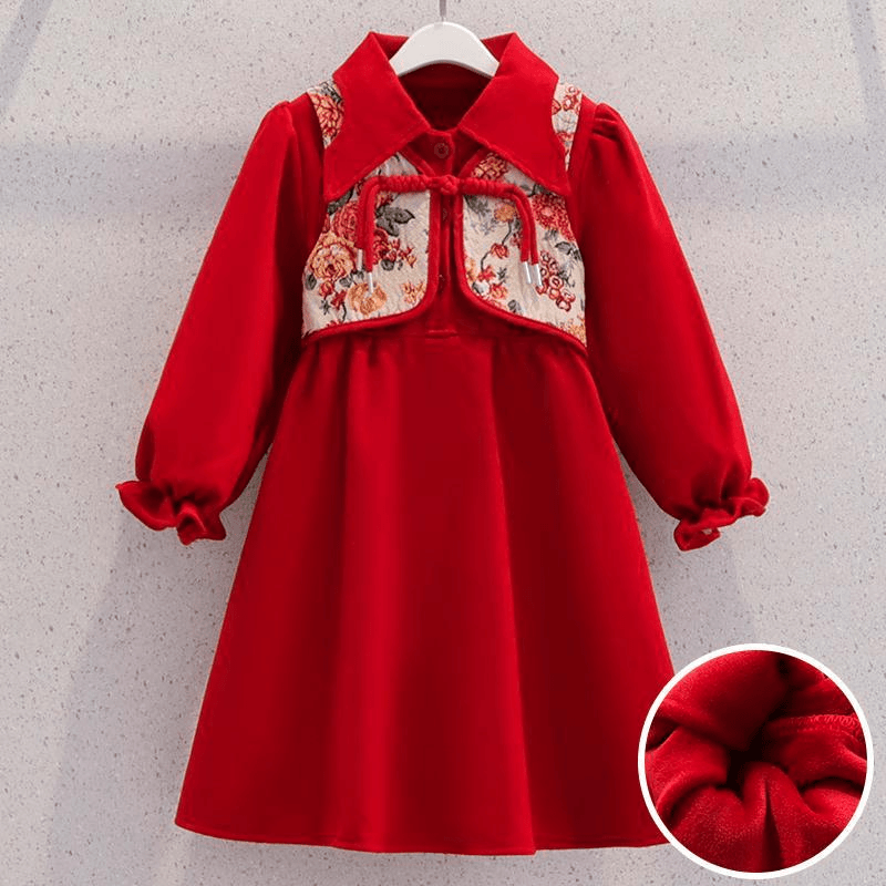 女童加绒连衣裙冬季儿童红色中国风过年公主裙子女孩新年装拜年服